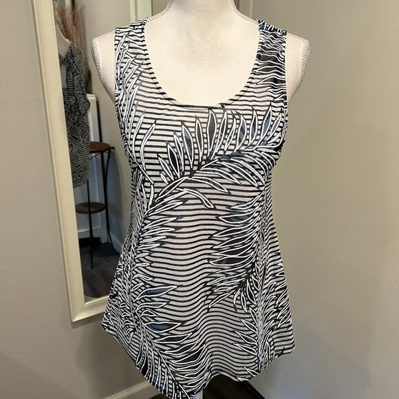 NWT Espresso Blue & White Leaf Sheer Overlay Tie Back Top, Size Medium - Picture 1 of 16